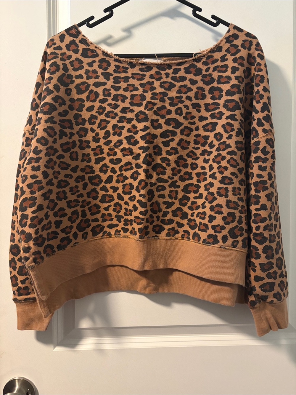 Poppy & Peonies Leopard Print Off-Shoulder Sweater in Tan and Black